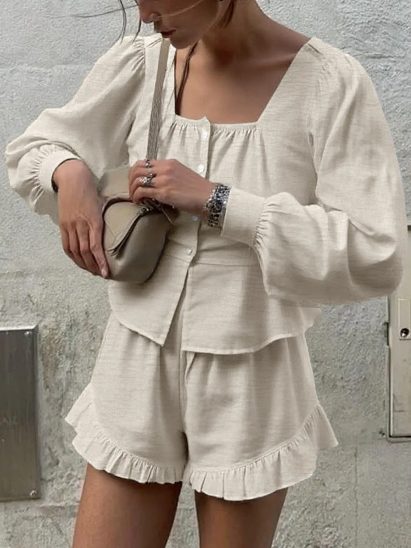 Button Front Lantern Sleeve Top and Shorts Set sold by Charming Charlie product image thumbnail 2