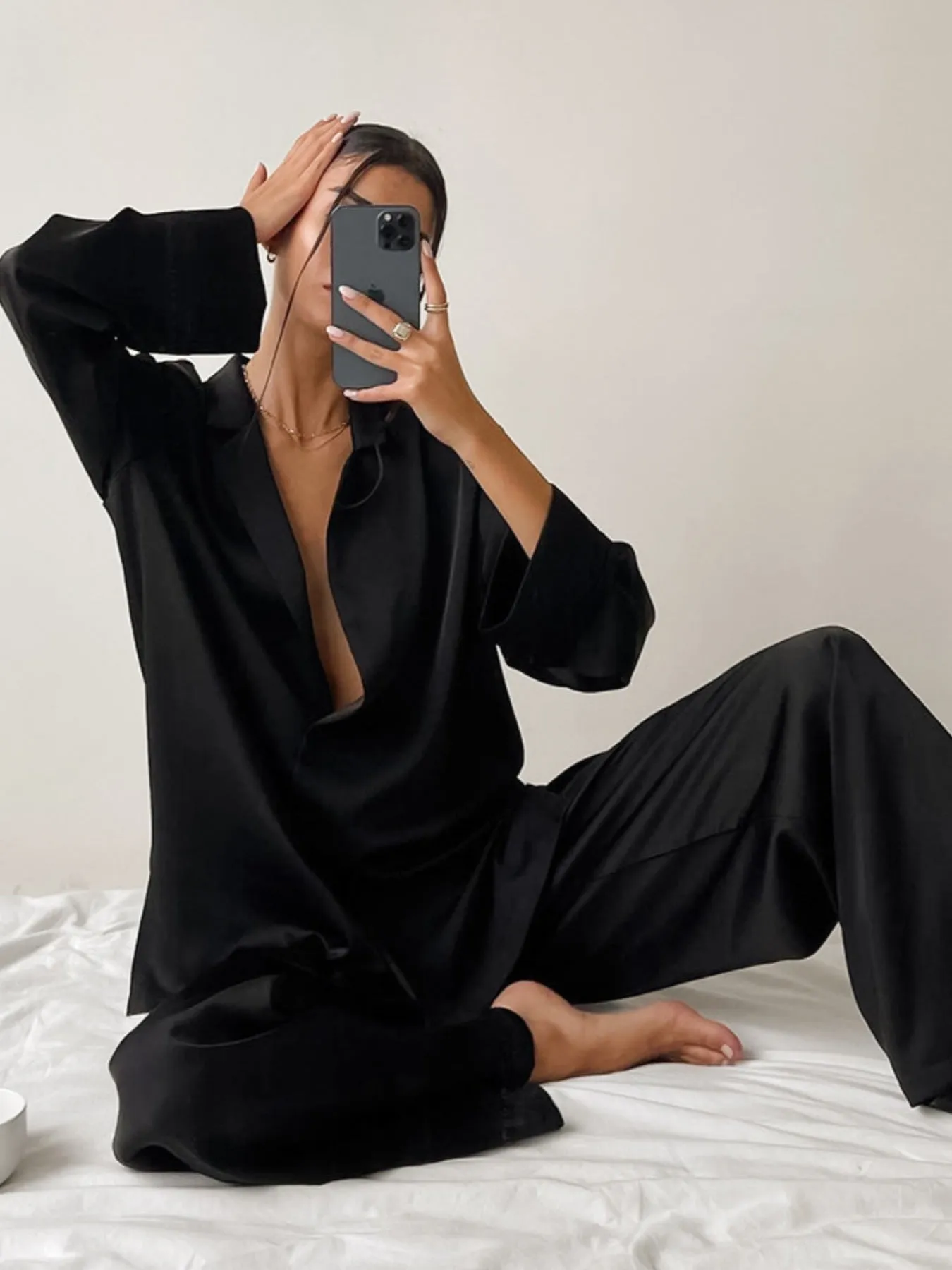 Long Sleeve Top and Wide Leg Pants Lounge Set sold by Charming Charlie product image thumbnail 4