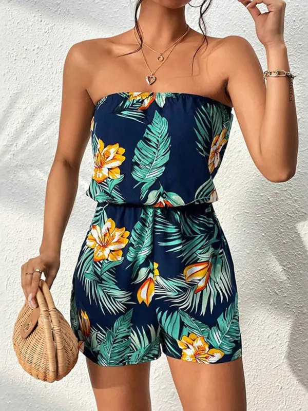 Tropical Print Strapless Elastic Waist Romper made by Trendsi