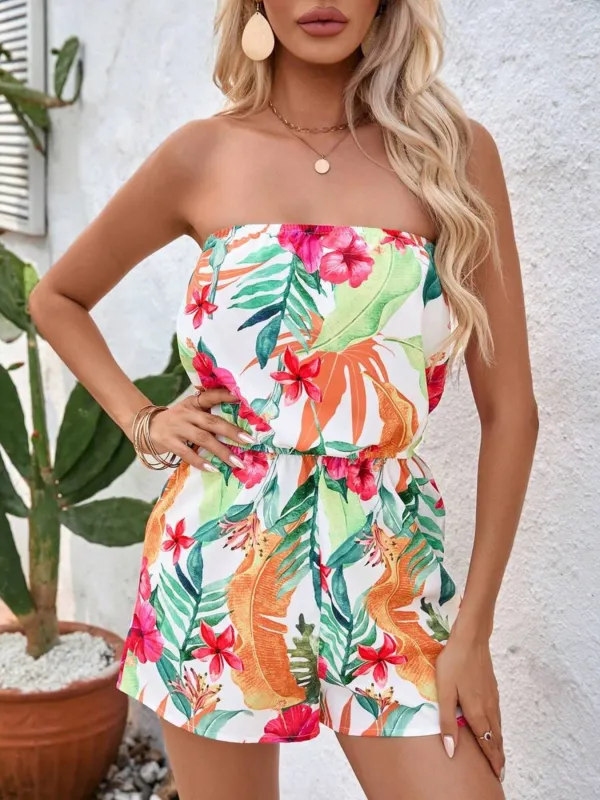 Tropical Print Strapless Elastic Waist Romper made by Charming Charlie