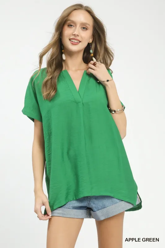 Umgee Flowy V-Neck Short Sleeve Blouse made by Trendsi