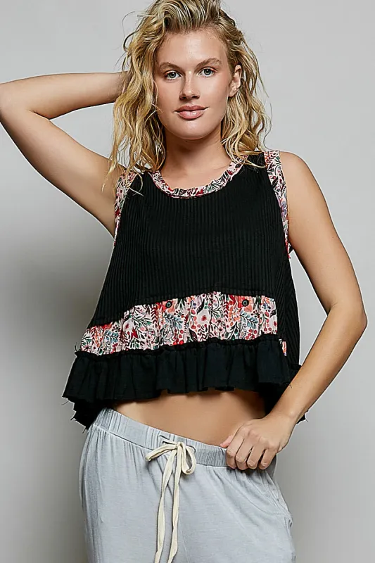 POL Floral Print Patche Round Neck Ribbed Tank with Double Gauze Ruffle Accents made by Trendsi