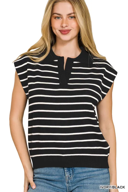 Zenana Viscose Striped Collared Sweater Vest made by Trendsi