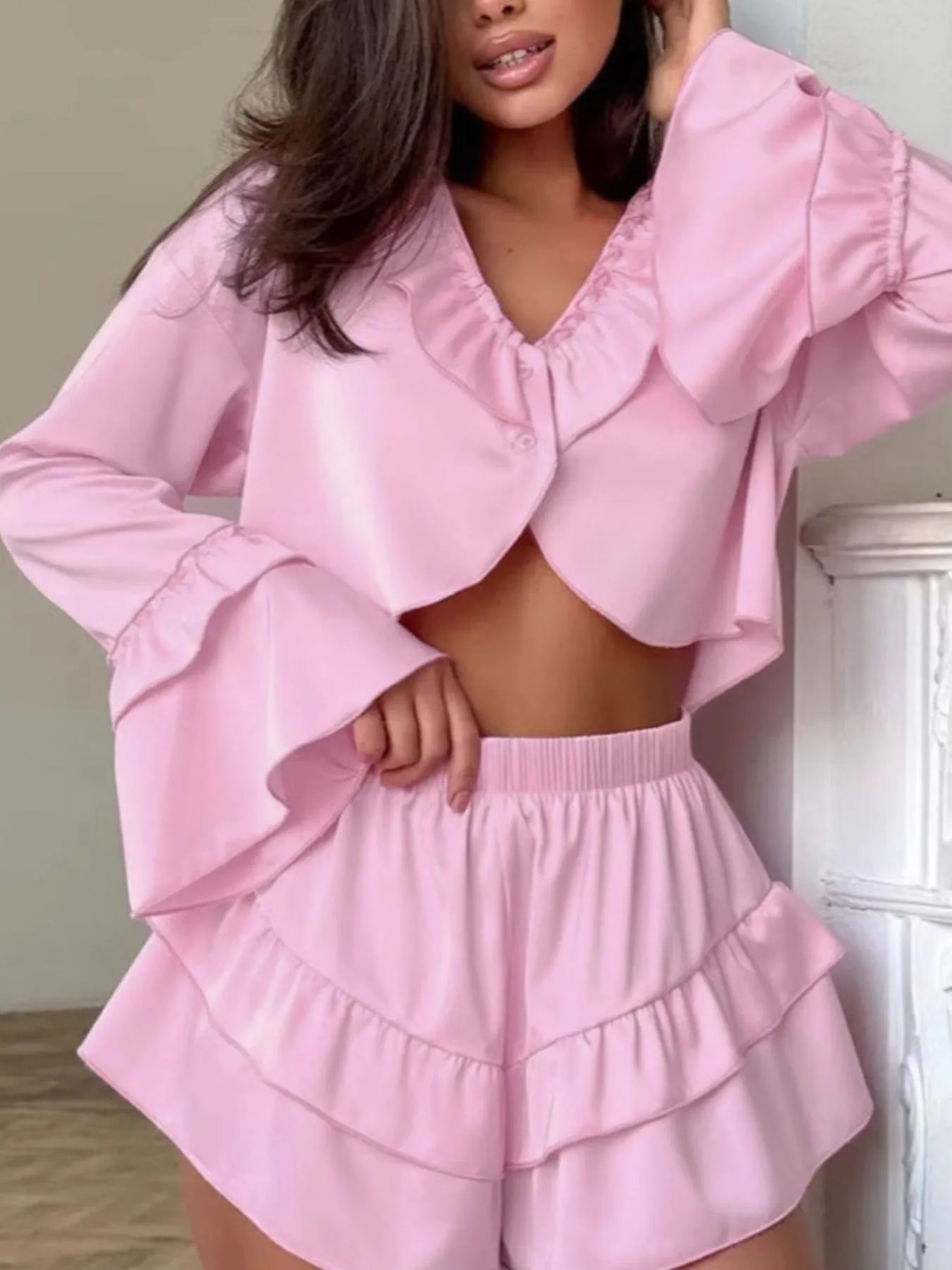 Ruffled V-Neck Top and Shorts Set sold by Charming Charlie product image thumbnail 4