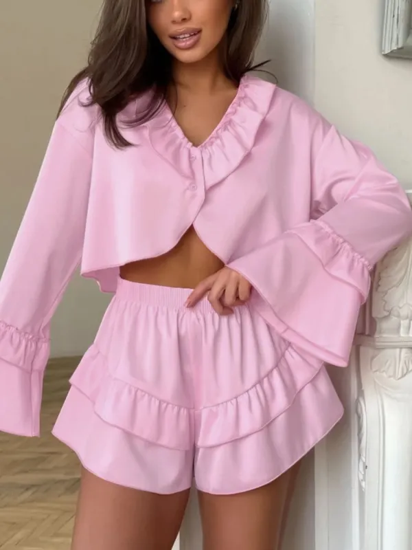 Ruffled V-Neck Top and Shorts Set made by Trendsi