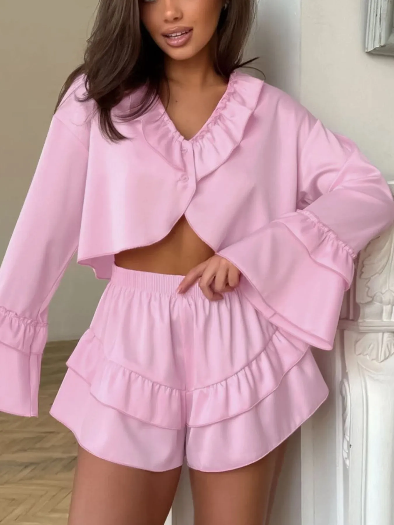 Ruffled V-Neck Top and Shorts Set sold by Charming Charlie