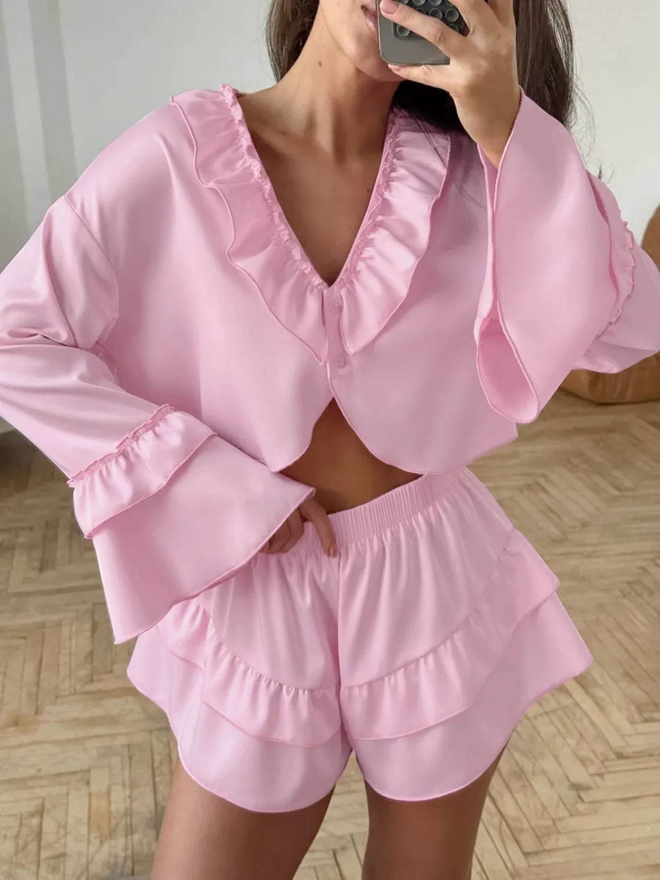 Ruffled V-Neck Top and Shorts Set sold by Charming Charlie product image thumbnail 2