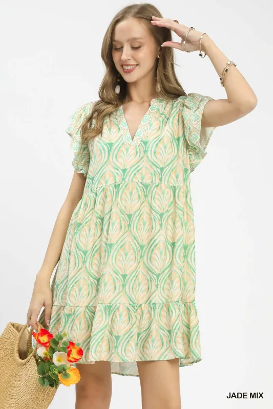 Umgee Mix Printed Flutter Sleeve Dress made by Trendsi