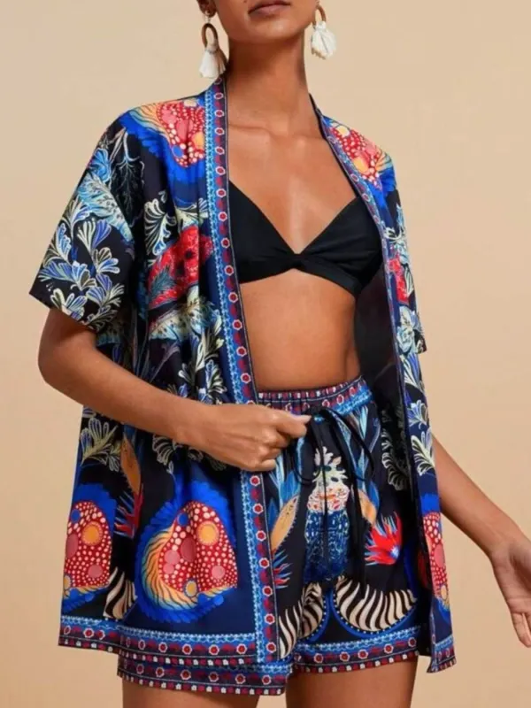 Printed Open Front Cardigan and Shorts Set made by Trendsi