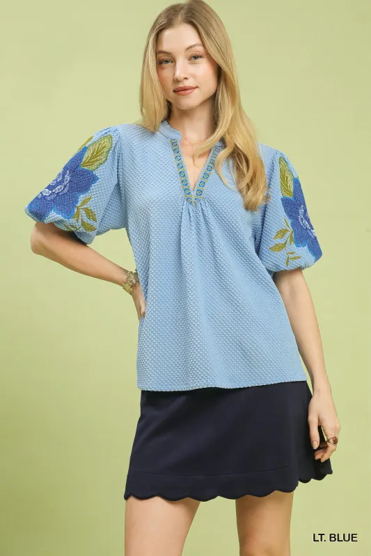 Umgee Textured Jacquard V-Neck Bubble Sleeve Top made by Trendsi