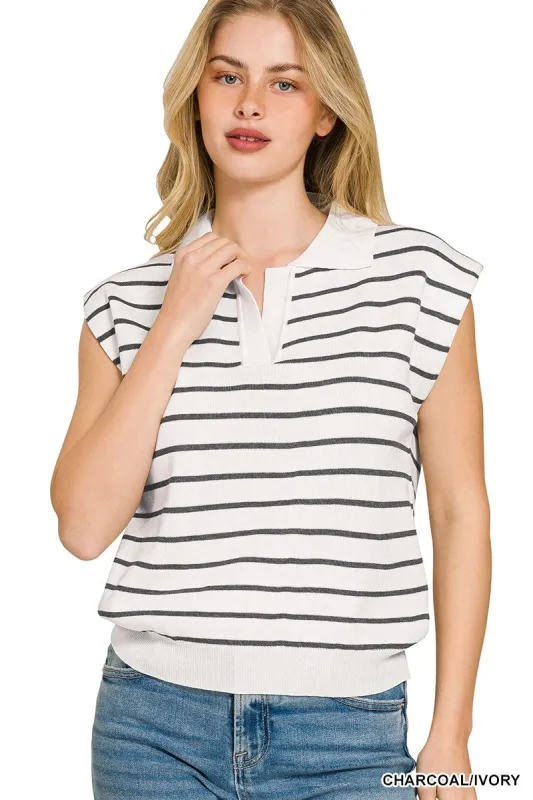 Zenana Viscose Striped Collared Sweater Vest made by Trendsi