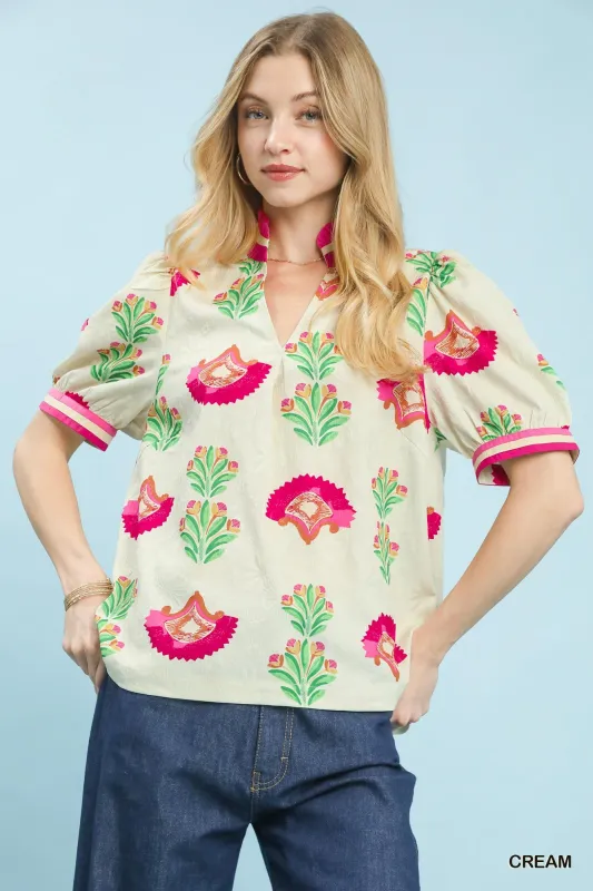 Umgee Print Puff Sleeve Blouse with Contrast Trim made by Trendsi