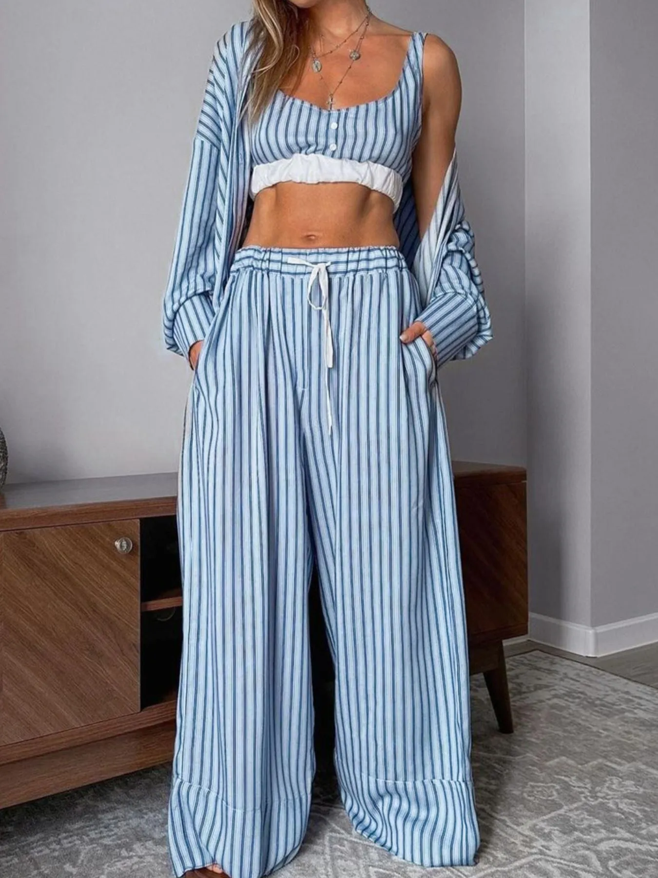 Striped Cami & Shirt and Pants Lounge Set sold by Charming Charlie product image thumbnail 4