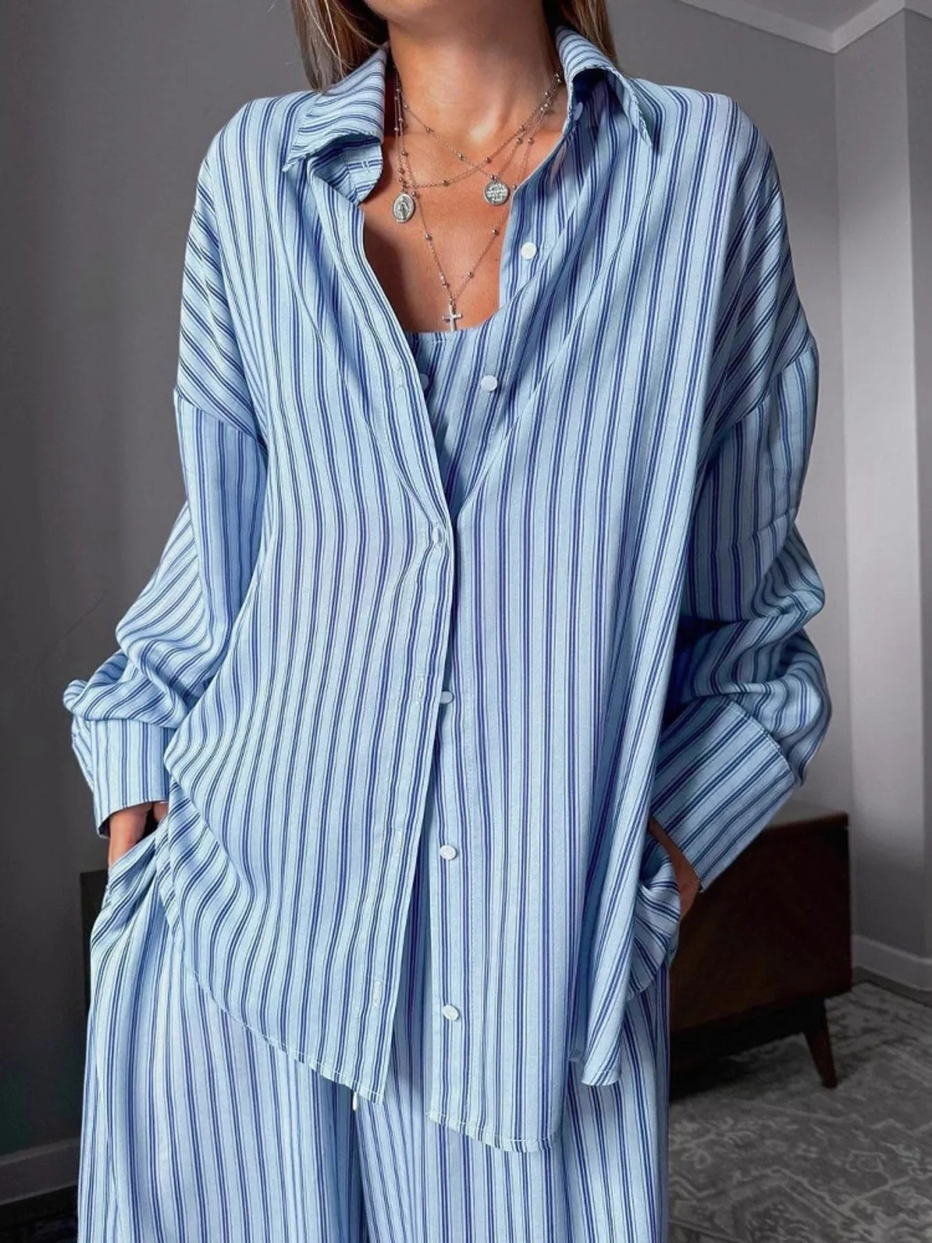 Striped Cami & Shirt and Pants Lounge Set sold by Charming Charlie