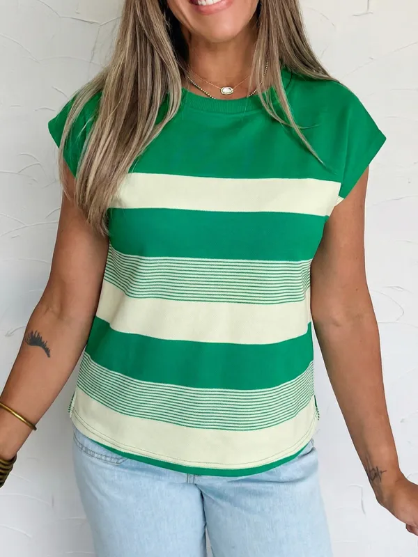 Stripe Mixed Print Crew Neck Cap Sleeve T Shirt made by Trendsi