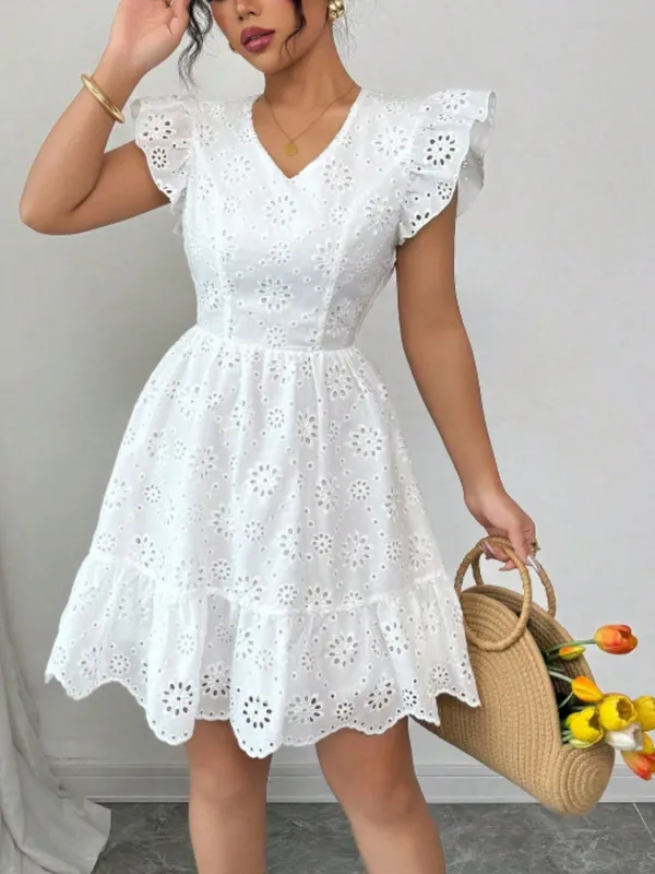 Eyelet Ruffle Sleeve Mini Dress made by Trendsi