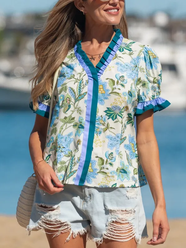 Floral Print Contrasted Frilled Striped Trim Short Sleeve Blouse sold by Charming Charlie