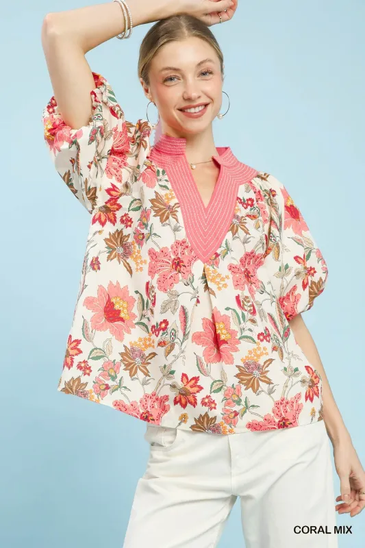 Umgee Mix Floral Puff Sleeve Blouse made by Trendsi