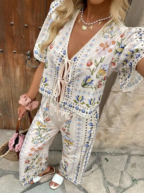 Floral Print Tie-Front Top and Pants Set made by Trendsi