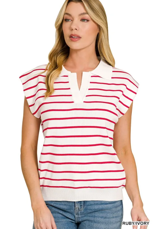 Zenana Viscose Striped Collared Sweater Vest made by Trendsi