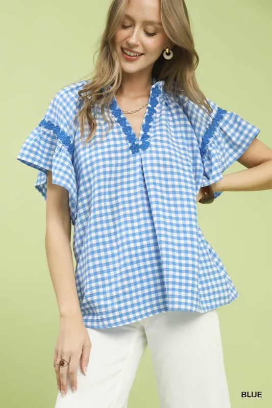 Umgee Gingham Lace Trim Top made by Trendsi