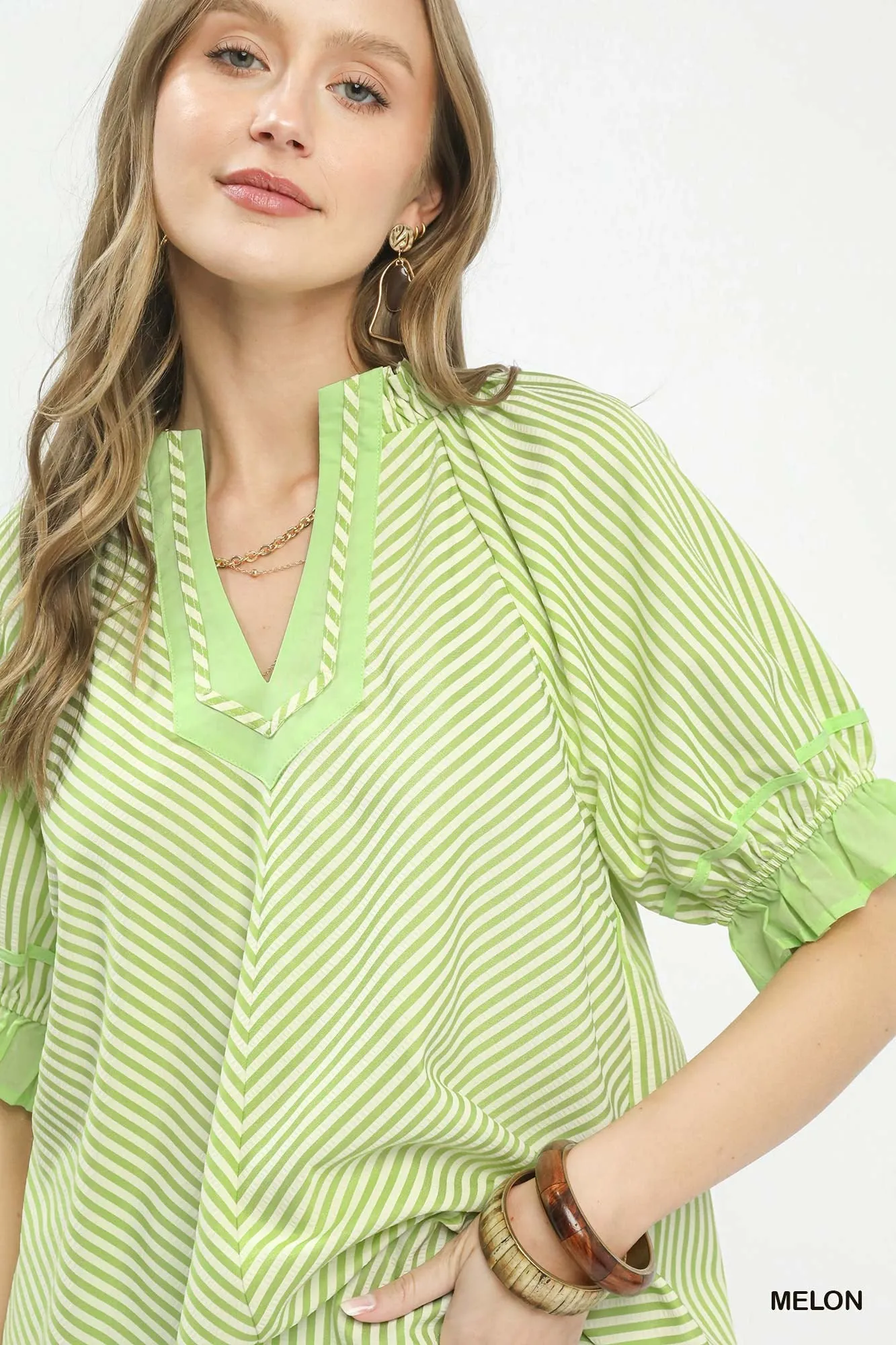 Umgee Stripe Ruffle Sleeve Split-Neck Blouse sold by Charming Charlie product image thumbnail 4