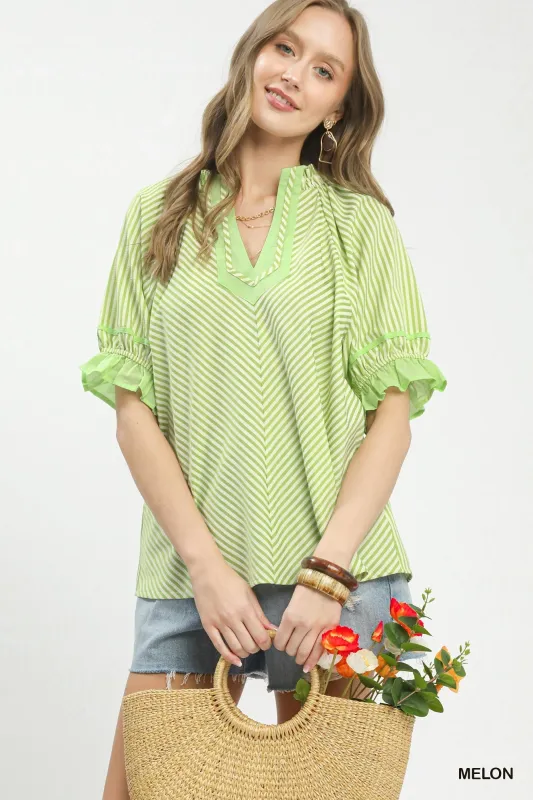 Umgee Stripe Ruffle Sleeve Split-Neck Blouse made by Trendsi