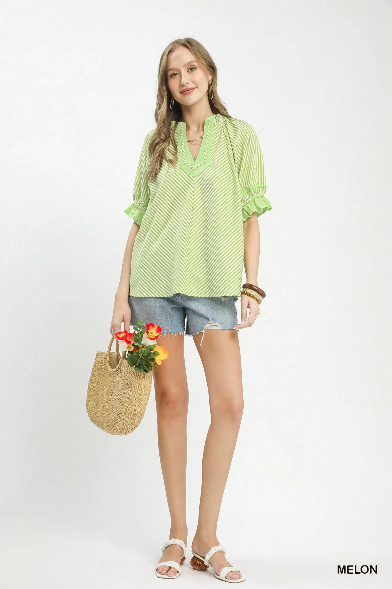 Umgee Stripe Ruffle Sleeve Split-Neck Blouse sold by Charming Charlie product image thumbnail 5