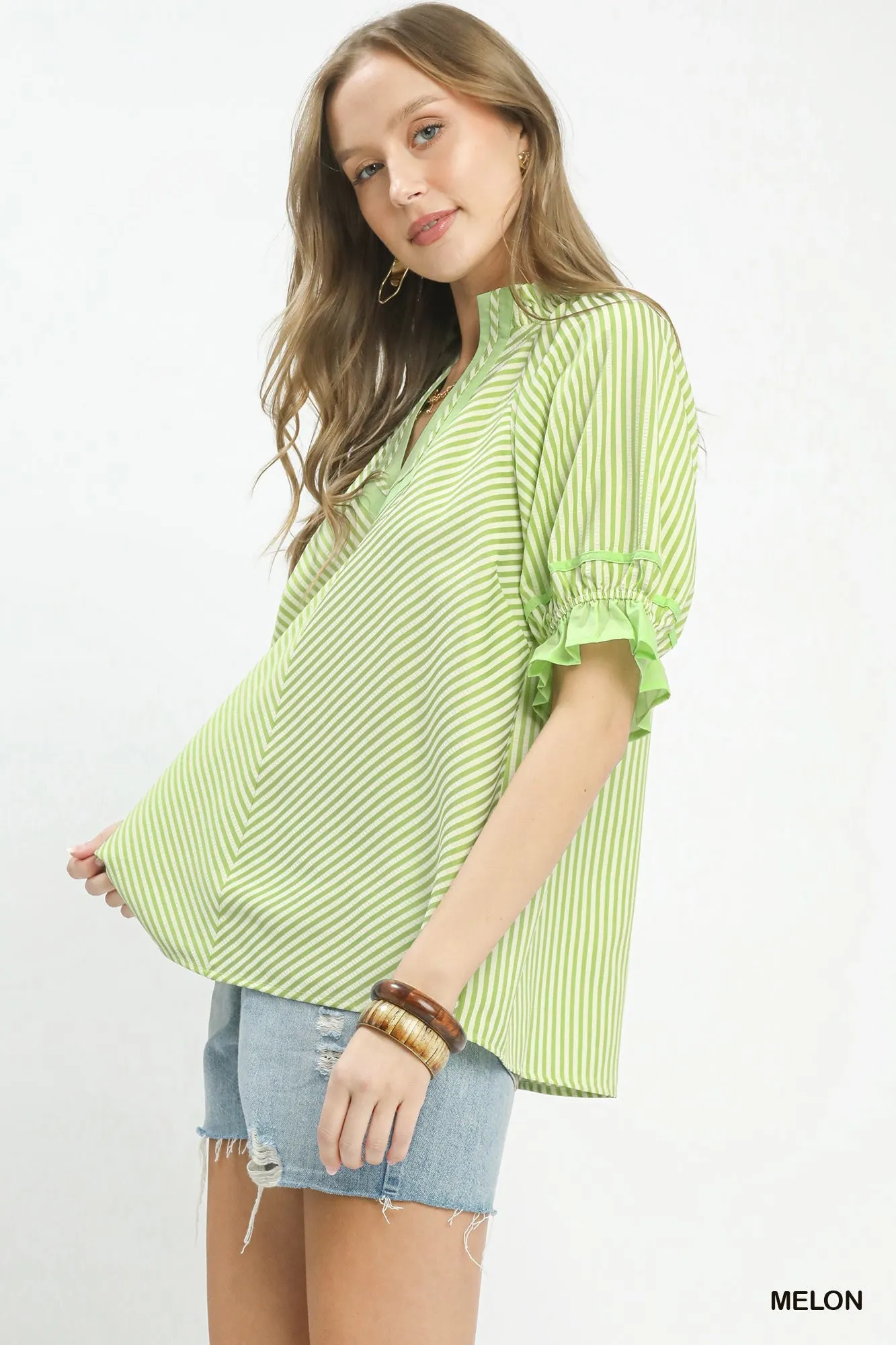 Umgee Stripe Ruffle Sleeve Split-Neck Blouse sold by Charming Charlie product image thumbnail 2