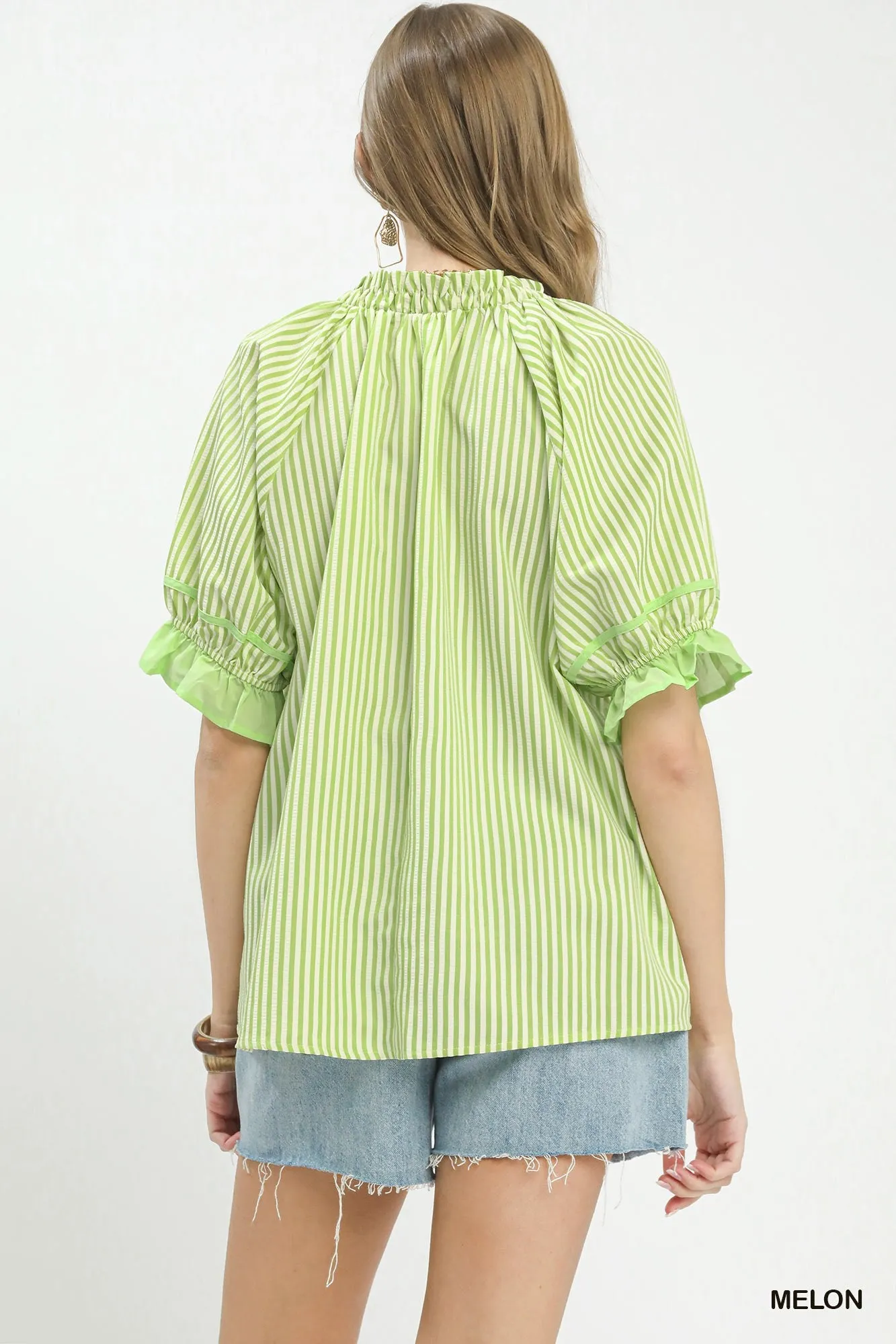Umgee Stripe Ruffle Sleeve Split-Neck Blouse sold by Charming Charlie product image thumbnail 3
