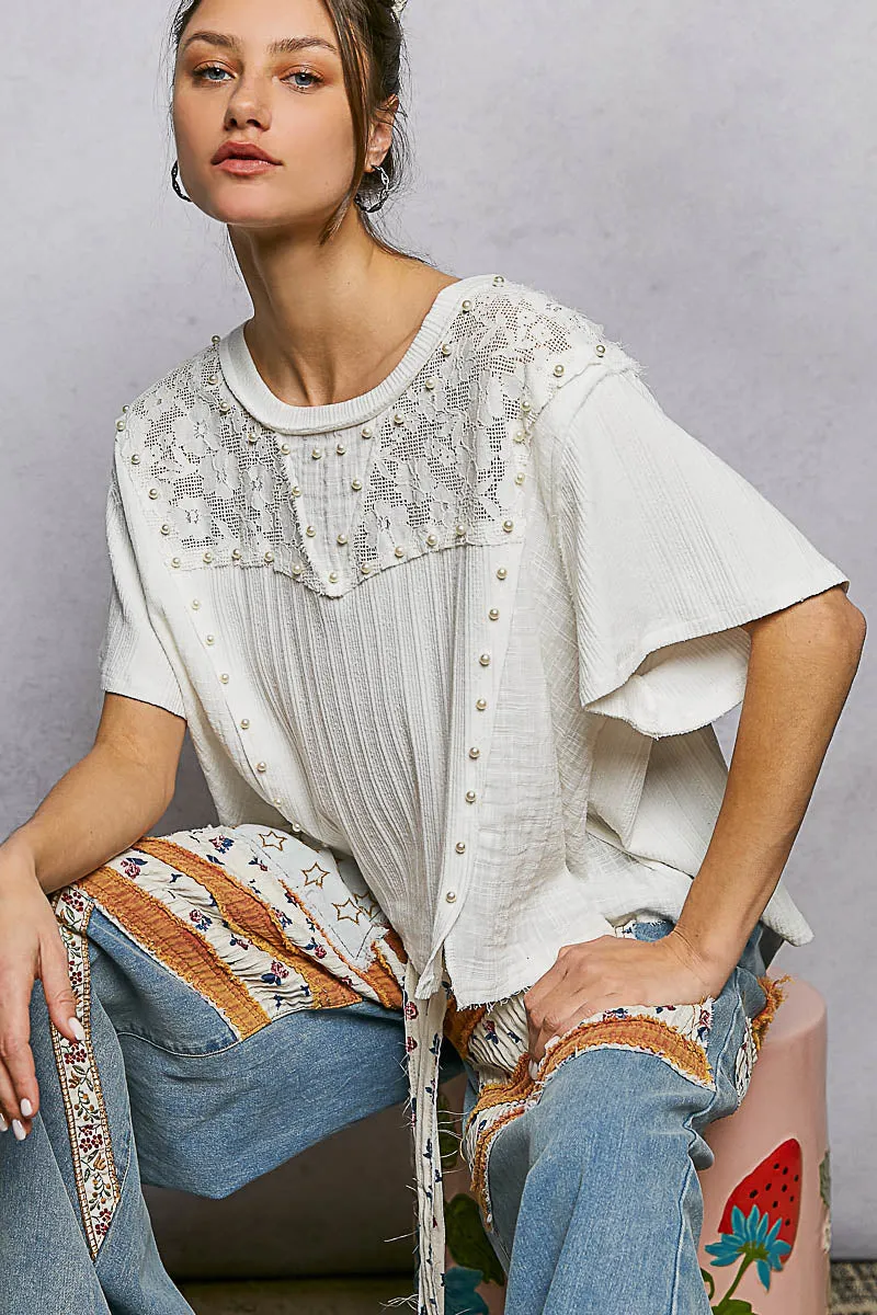 POL Lace Pearl Stud Round Neck Short Sleeve Shirt sold by Charming Charlie product image thumbnail 4