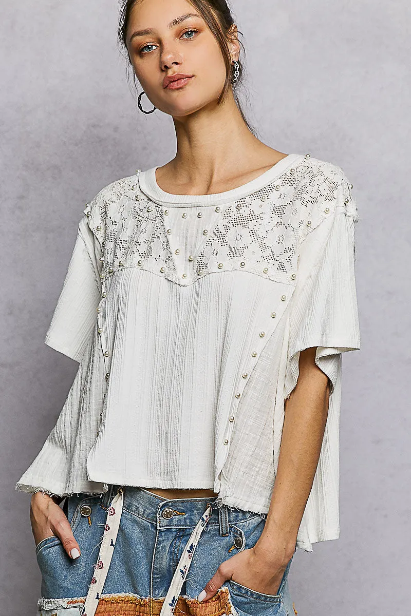 POL Lace Pearl Stud Round Neck Short Sleeve Shirt sold by Charming Charlie