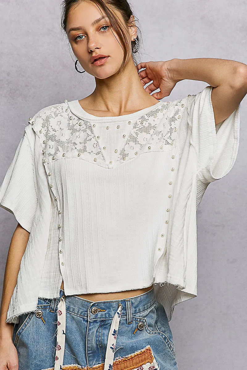 POL Lace Pearl Stud Round Neck Short Sleeve Shirt sold by Charming Charlie product image thumbnail 5