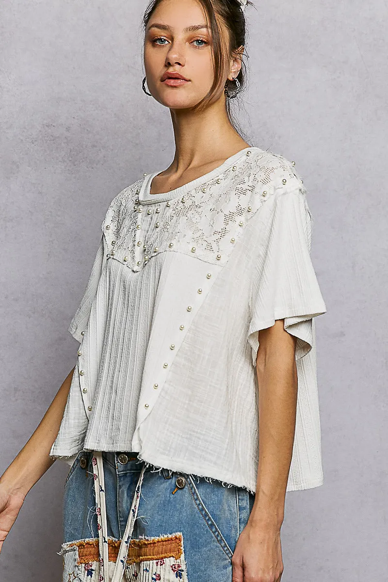 POL Lace Pearl Stud Round Neck Short Sleeve Shirt sold by Charming Charlie product image thumbnail 2