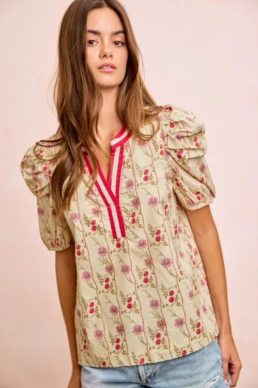 BiBi Floral Gather Sleeves Contrast Neckband Blouse Top made by Trendsi