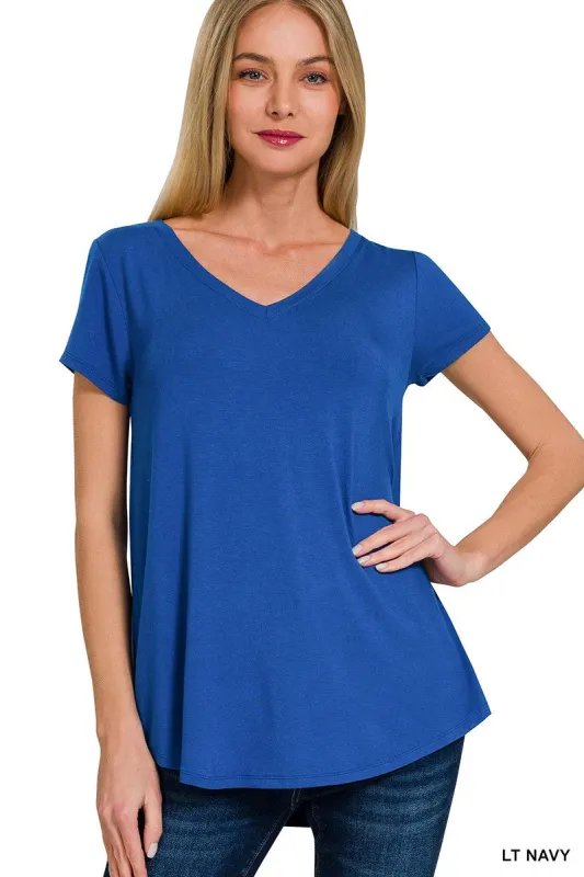 Zenana Rayon Short Sleeve V-neck Round Hem Top made by Trendsi