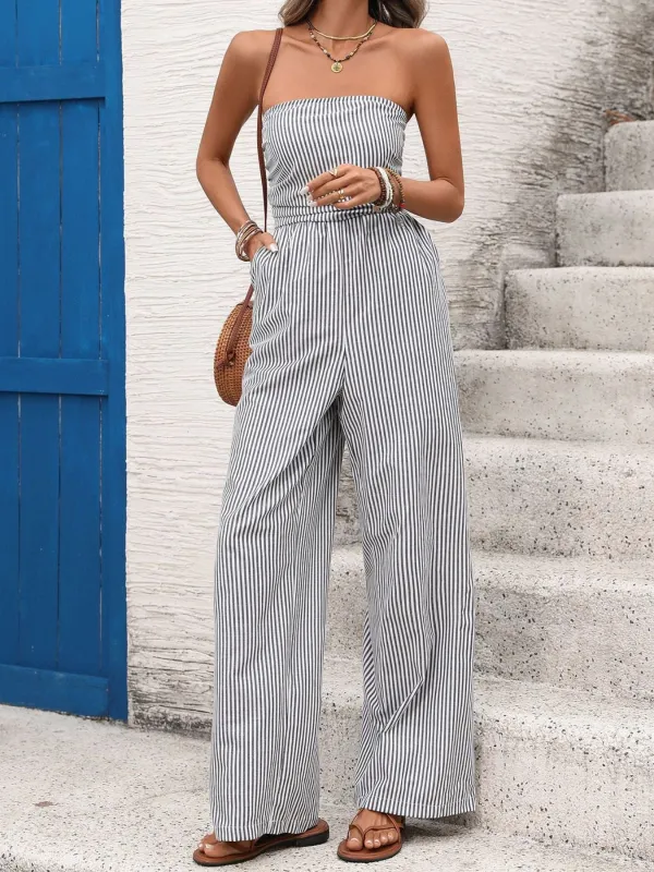 Striped Strapless Wide Leg Jumpsuit made by Charming Charlie