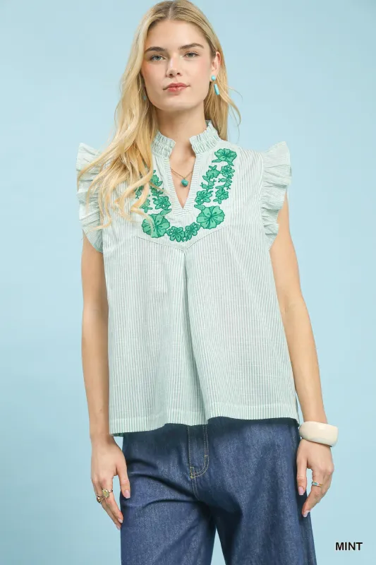 Umgee Embroidered Ruffle Sleeve Popover Top made by Trendsi