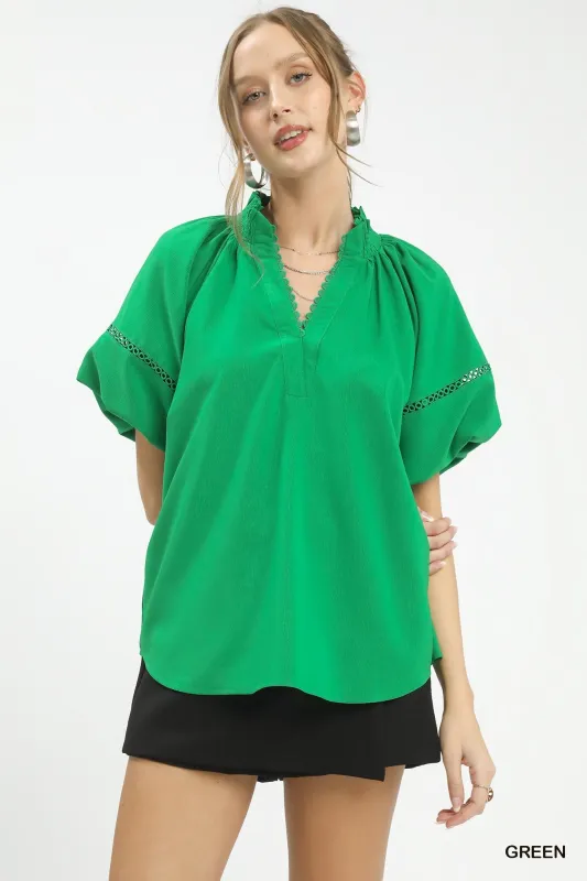 Umgee Lace Trim Peasant Top made by Trendsi