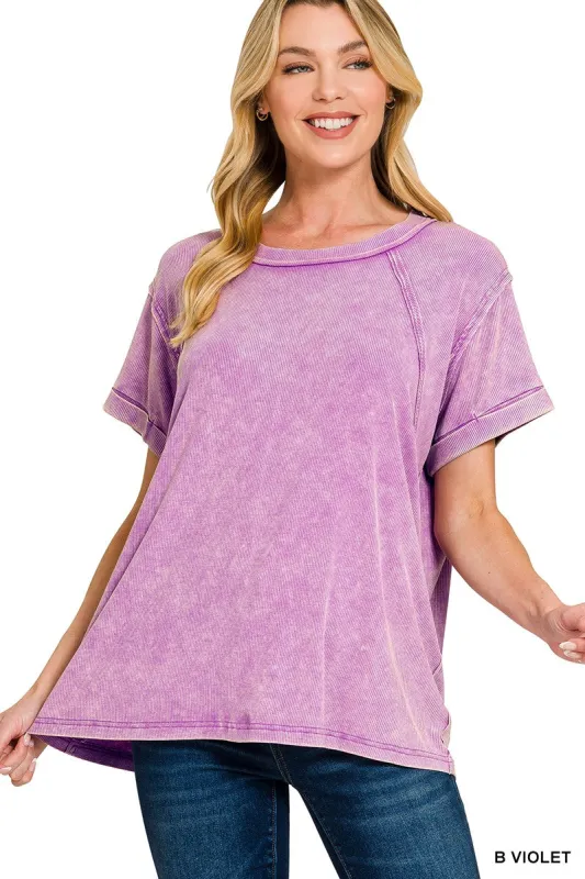Zenana Washed Ribbed Cuffed Short Sleeve Round Neck Top sold by Charming Charlie