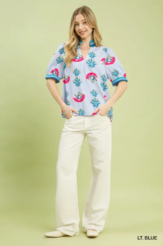Umgee Print Puff Sleeve Blouse with Contrast Trim made by Trendsi