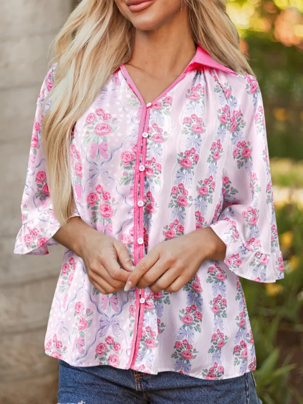 Floral Collared Ruffled Half Sleeve Shirt sold by Charming Charlie
