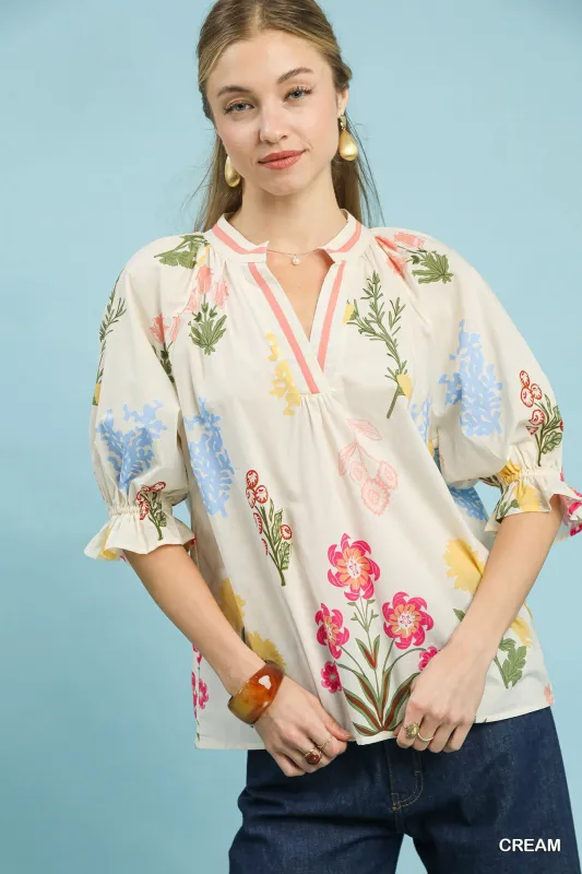 Umgee Floral Split Neck Puff Sleeve Top made by Trendsi