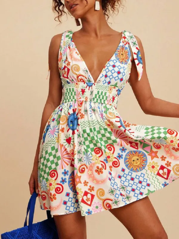 V-Neck Sleeveless Smocked Waist Printed Mini Dress made by Charming Charlie