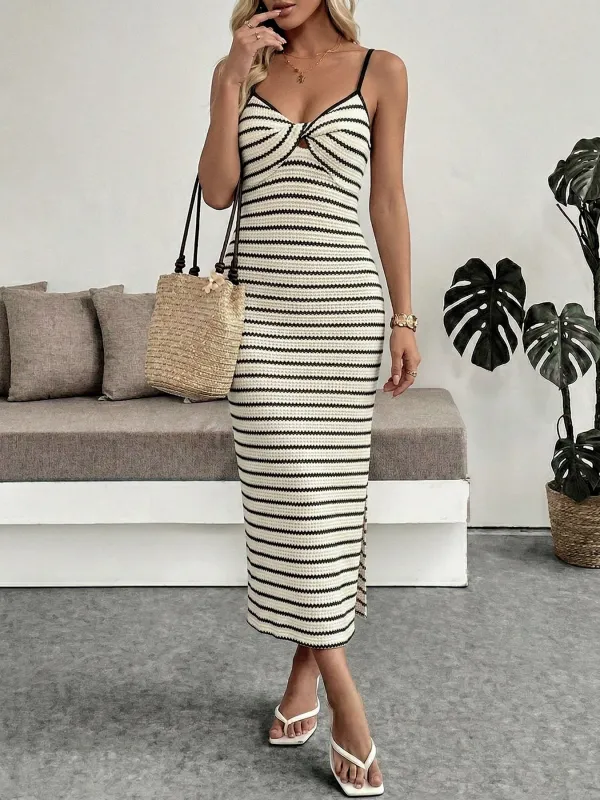 Striped Knit Twisted Bodycon Midi Dress made by Trendsi