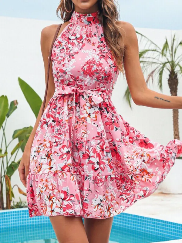 Floral Print Halter Neck Mini Dress made by Trendsi