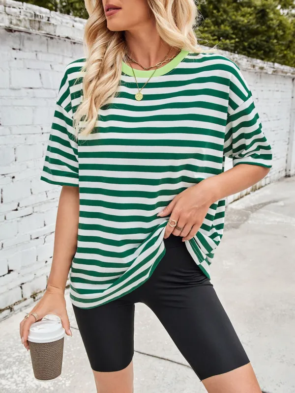 Striped Round Neck Half Sleeve T-Shirt made by Trendsi