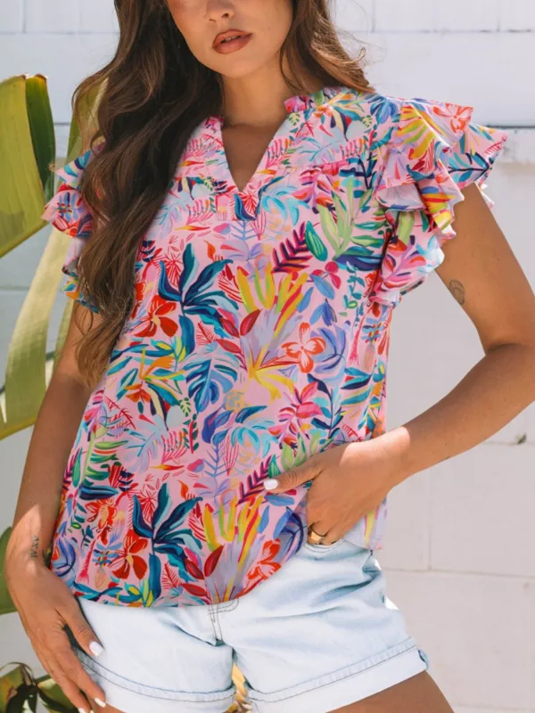 Tropical Floral Print Frilly Notched Neck Ruffled Short Sleeve Blouse sold by Charming Charlie