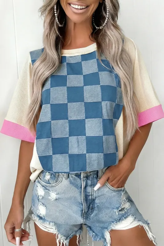 Checkered Denim Patchwork Short Sleeve Loose Top made by Trendsi