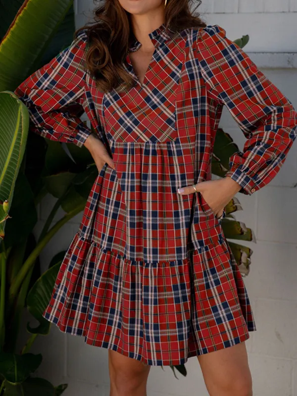 Plaid Print Frilly Collar Long Sleeve Shift Mini Dress made by Trendsi